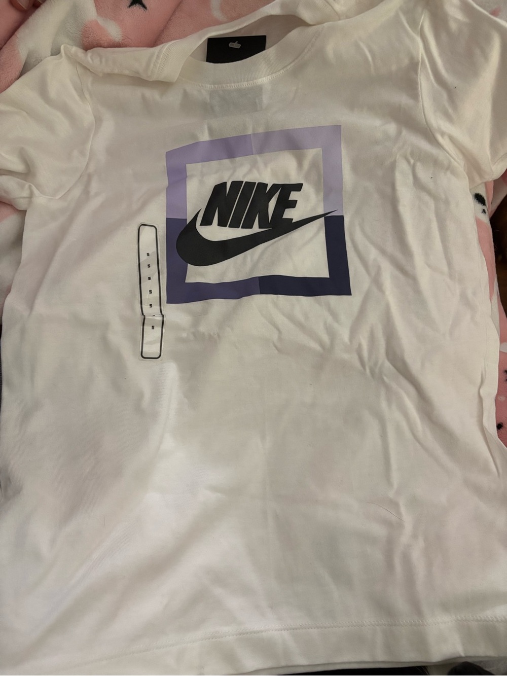Nike White Tee with Black Swoosh and Purple Square